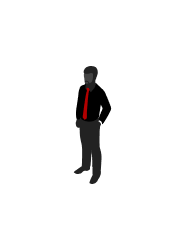 A male designer character dressed in a suit with a red necktie.