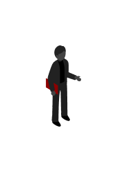 A male developer character dressed in a suit and holding a red document file."